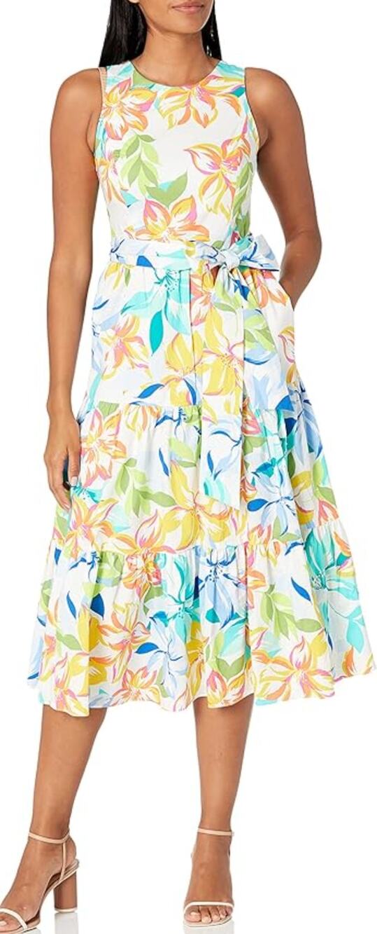 Tahari Tropical Floral Tiered Tie Back Midi Dress